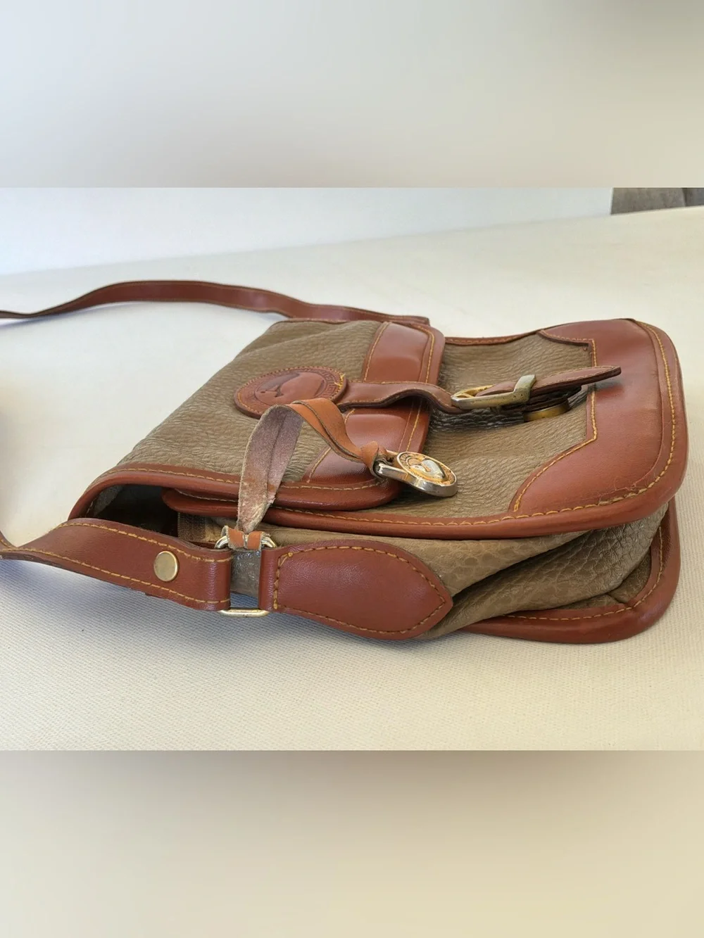 Vintage Dooney & Bourke Leather AWL Taupe & British Tan Crossbody Shoulder Bag